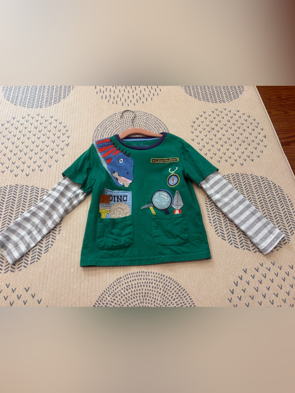 Mini Boden paleontologist Green Dino Explorer Layered-Look Long Sleeve Tee 4-5